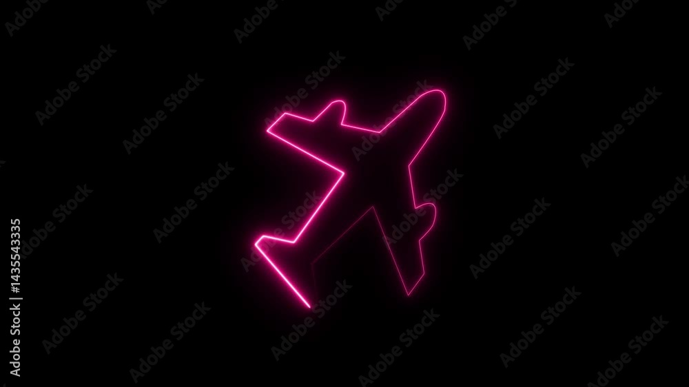 Neon pink airplane outline on black background animated motion graphic