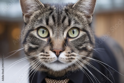 Gray striped cat in suit shirt with chain looking confidently at viewer feline in corporate parody concept stock photo with strong expression and formal fashion setup photo