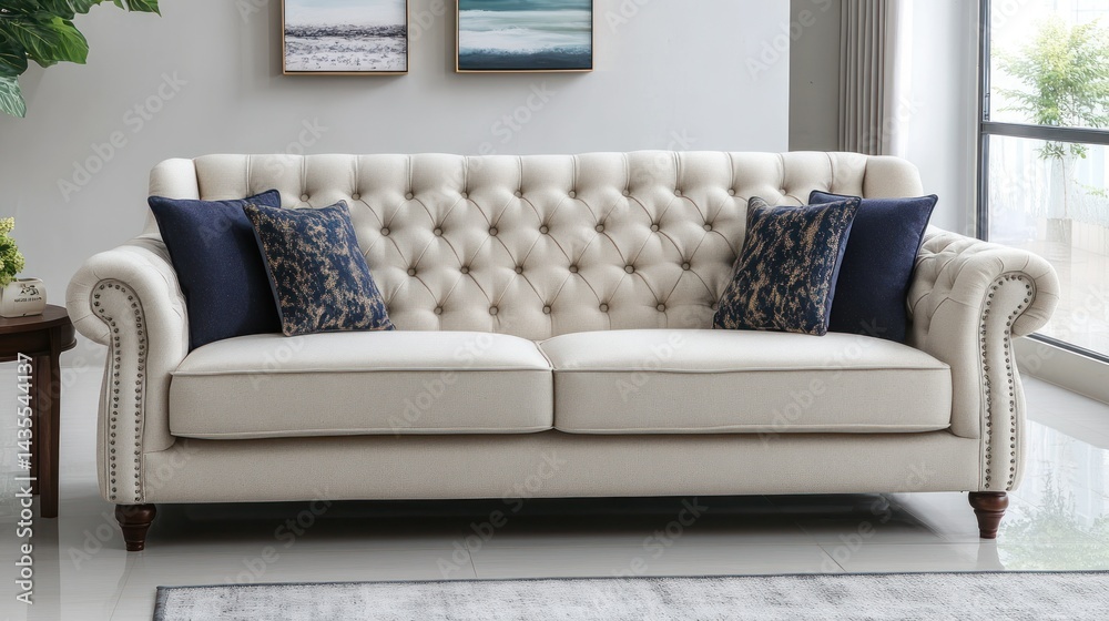 Fototapeta premium Cream sofa with tufted back