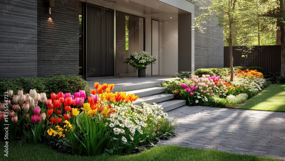 Fototapeta premium Modern Home Entrance with Vibrant Spring Flowers