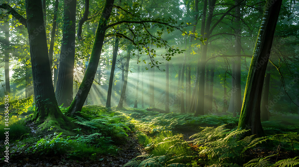 Naklejka premium Sunbeams dance through ancient forest creating magical atmosphere pure serenity