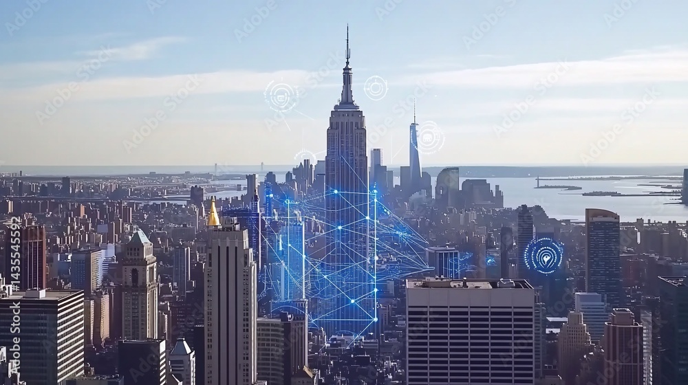 Naklejka premium Smart city network, Manhattan skyline, sunrise, data connection