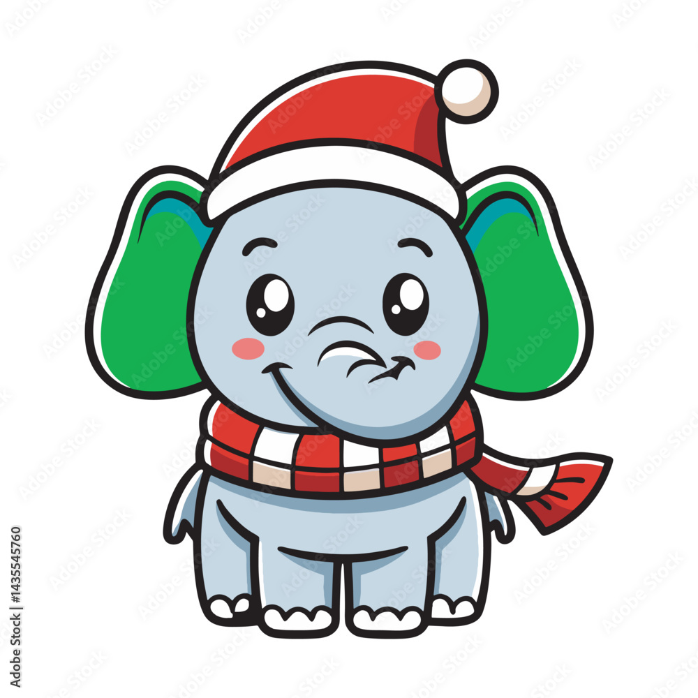 Vector outline of a frosty, cute elephant wearing a Santa Claus hat and scarf. Vector outline of a frosty, cute elephant wearing a Santa Claus hat and scarf.