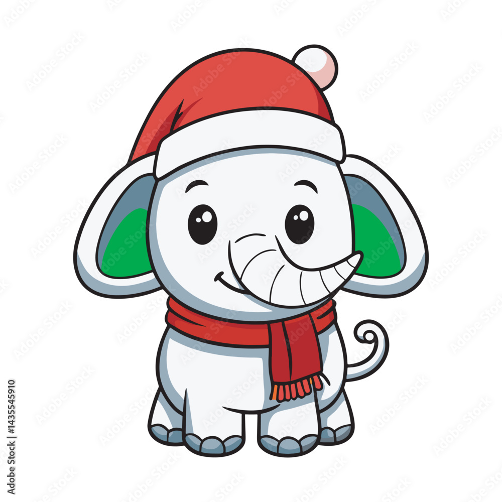 Vector outline of a cute frosty elephant wearing a Santa Claus hat and scarf. Vector outline of a cute frosty elephant wearing a Santa Claus hat and scarf.