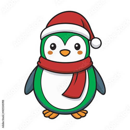 Vector outline frosty penguin wearing Santa Claus hat and scarf art illustration.eps