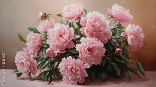 Bouquet of Blooming Pink Peonies with Green Foliage – Elegant Floral Still Life on Soft Gradient Background