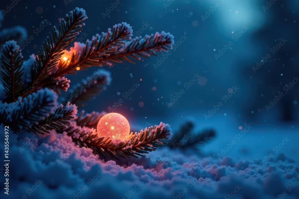 Obraz premium Midnight blue backdrop, glowing orbs on frosted pine , christmas decoration, festive mood, ice