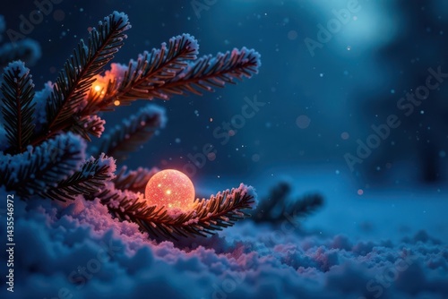 Midnight blue backdrop, glowing orbs on frosted pine , christmas decoration, festive mood, ice