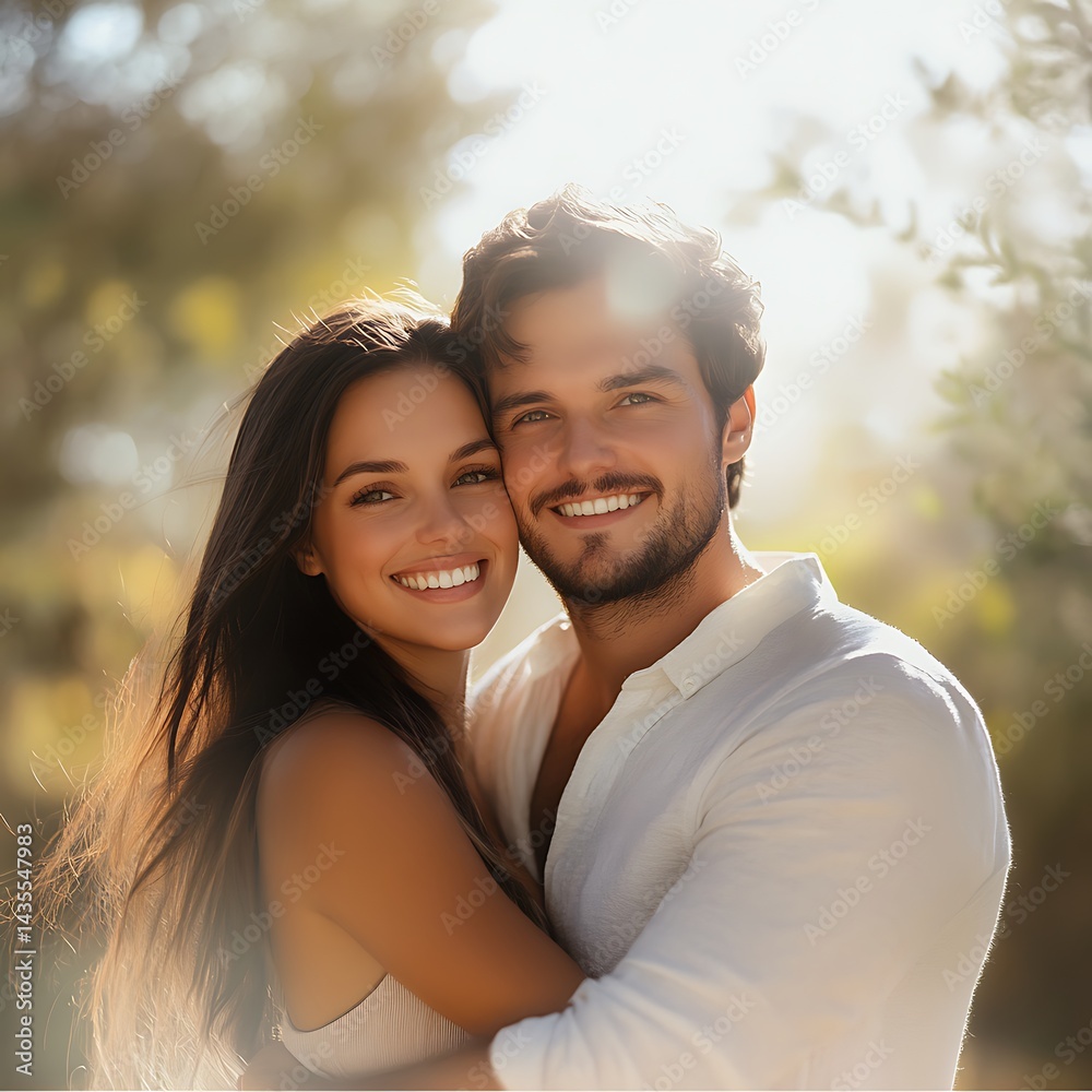 Fototapeta premium Happy Young Couple Embracing Outdoors in Sunlight Portrait