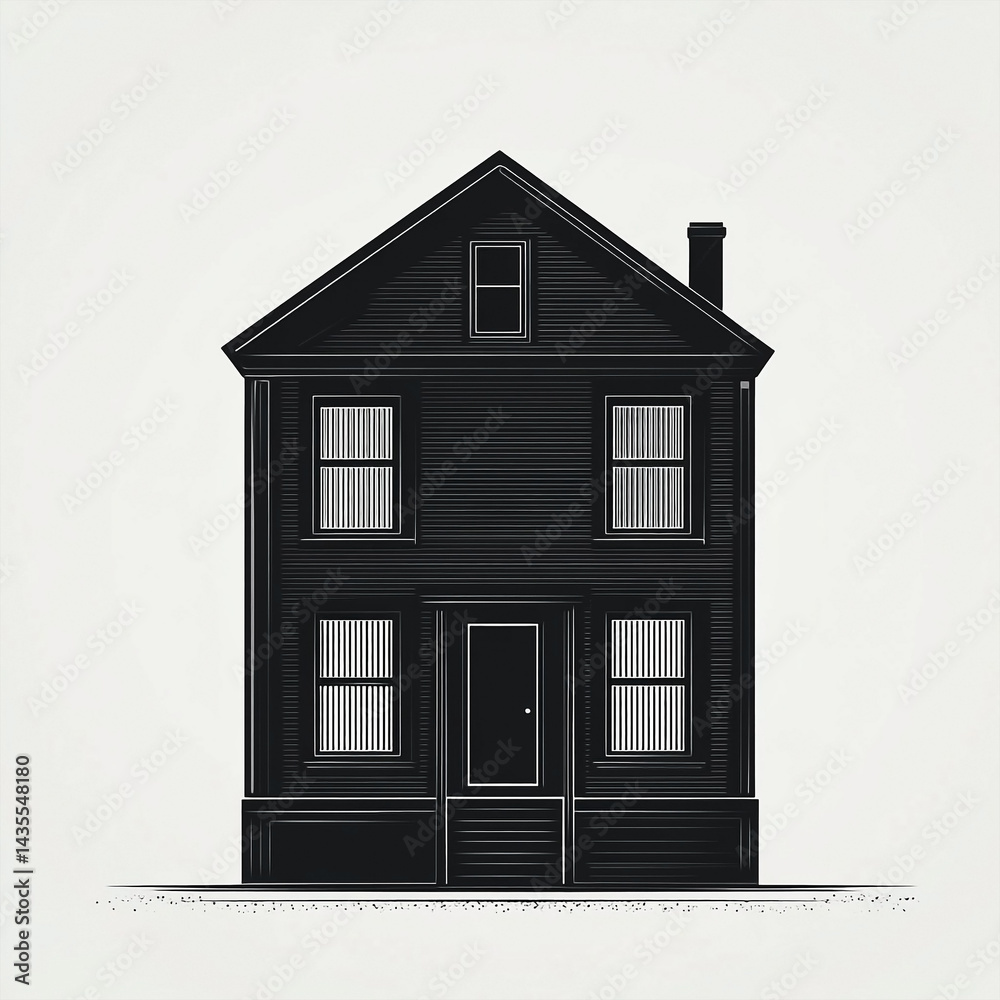 Stylized architectural elevation of a classic two-story home rendered in monochrome Stylized architectural elevation of a classic two-story home rendered in monochrome