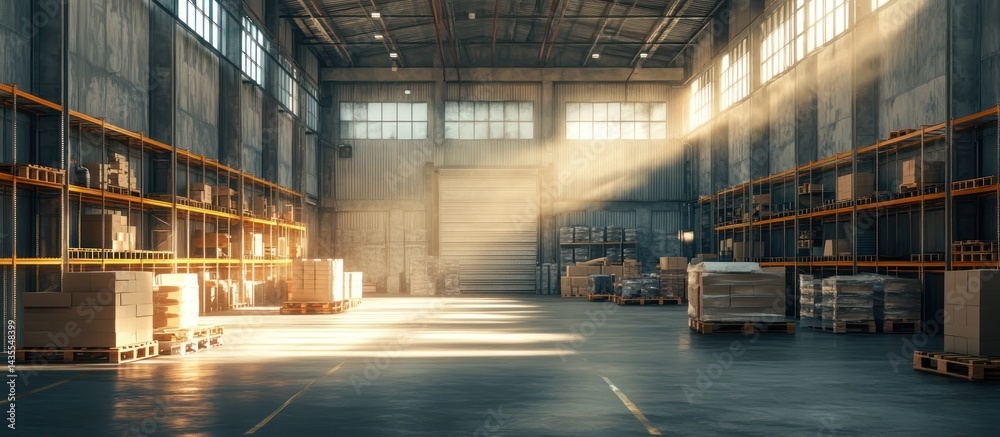 Obraz premium Sunlit warehouse interior, pallets stacked high, distribution center background, logistics