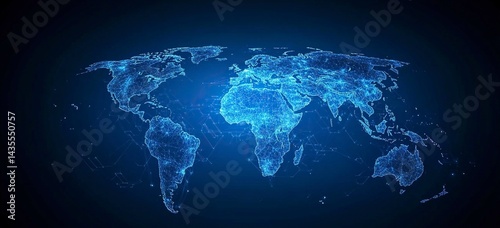 Fototapeta Naklejka Na Ścianę i Meble -  Abstract blue background with a global network and world map for a business technology concept vector illustration. High-resolution, professional photograph. The ultra-wide-angle lens is used to captu