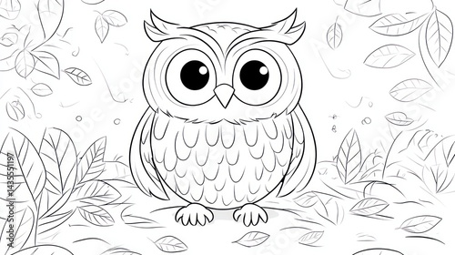 Cute cartoon owl perched on branch, autumn leaves background; coloring page photo