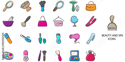 Beauty and Spa simple concept 24 hand drawn color icons set. Contains such hair salon, hairdresser, beauty spa, hair dye, hairstyle .Vector illustration.