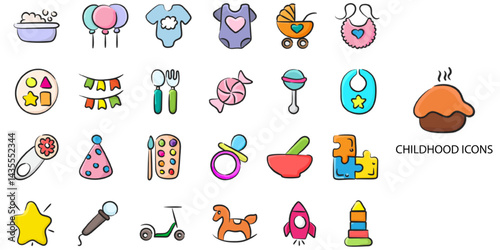 Childhood simple concept 24 hand drawn color icons set. Contains such child, toy, childhood, preschool, playing .Vector illustration.