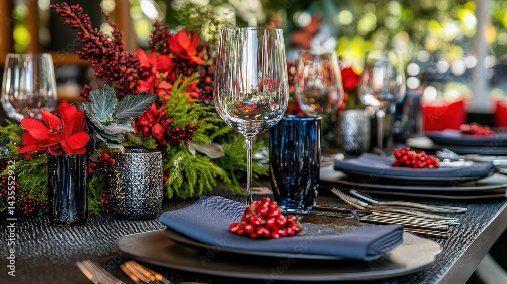 Naklejka premium Elegant festive dining setup with decorative flowers and glassware