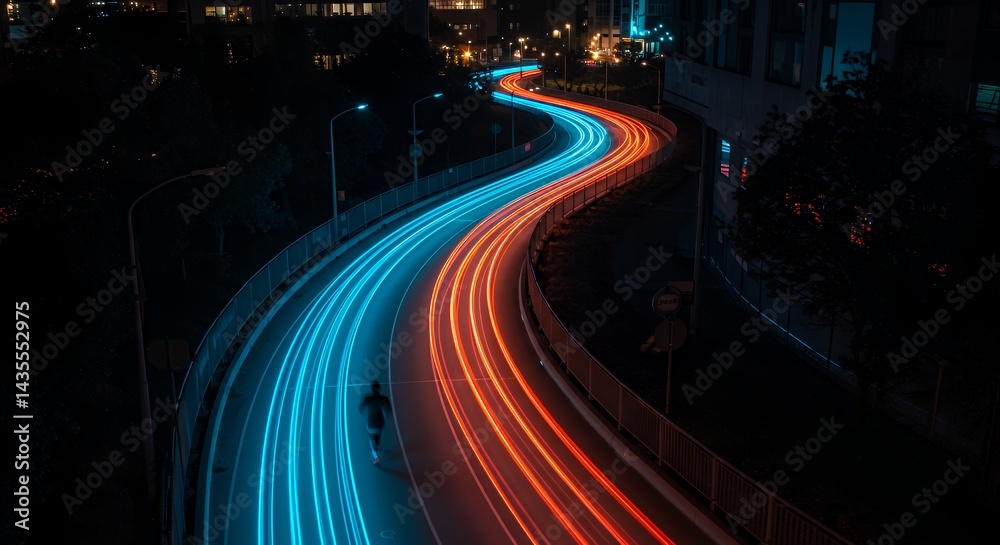 Running on Night Road with Light Trails and Urban Skyline View