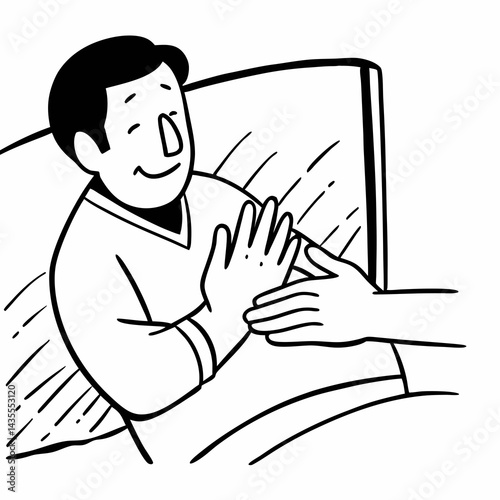 Adult man touching his belly with relieved expression