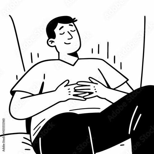 Adult man touching his belly with relieved expression