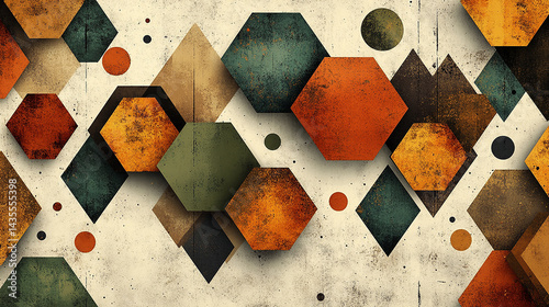 A geometric arrangement of hexagons, diamonds, and circles on a textured background.
