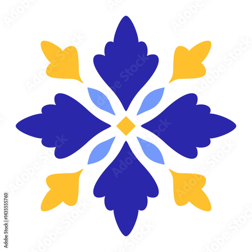 Mediterranean blue yellow floral motif on white background. Ethnic mosaic design for ceramic tile. Portuguese, Moroccan, Spanish ornament. Vector illustration