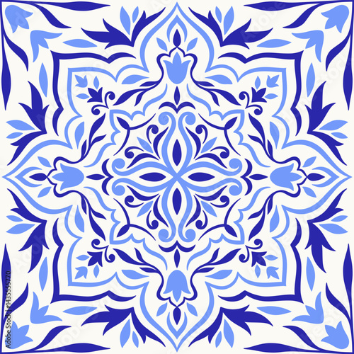 Mediterranean tile, blue seamless pattern. Spanish, Portuguese, or Moroccan traditional ornament. Mosaic floral design with leaves, ethnic motifs for ceramic. Vector illustration