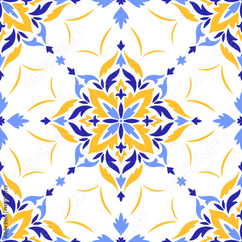 Mediterranean seamless pattern of blue yellow tiles, white background. Ethnic mosaic design. Portuguese, Italian, Spanish motifs. Floral ornament for home textile or ceramic. Vector illustration