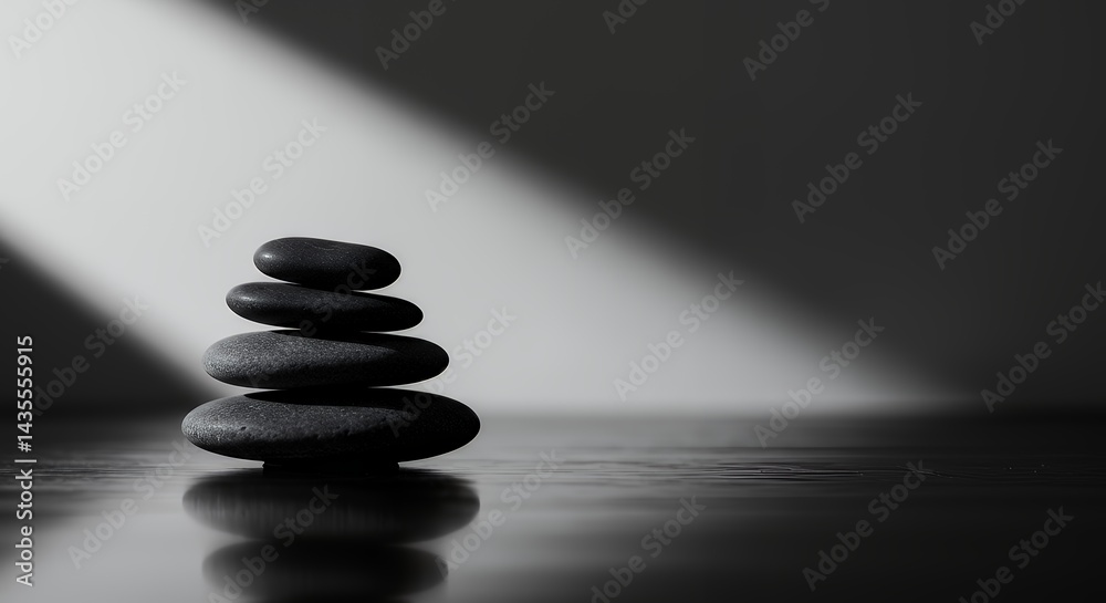 Stacking Stones on Reflective Surface in Minimalist Black and White Scene