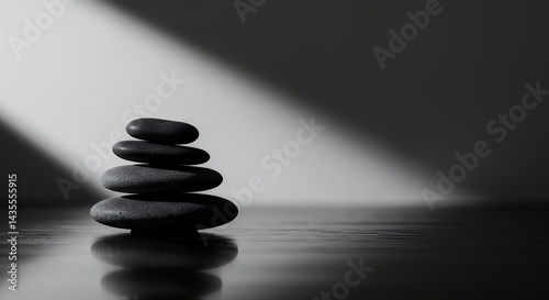 Obraz na płótnie Stacking Stones on Reflective Surface in Minimalist Black and White Scene w salonie