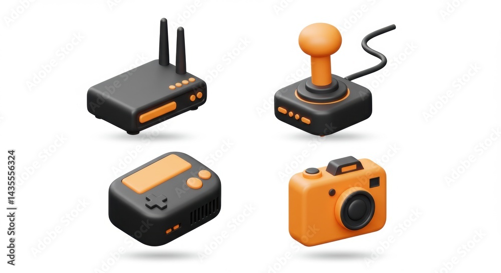 3D Render of Gadgets: Router, Joystick, Handheld, Camera 3D Render of Gadgets: Router, Joystick, Handheld, Camera