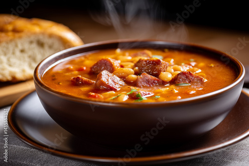 Steaming Pasulj Serbian Bean Stew with Smoked Sausage in Rustic Ceramic Bowl – Traditional Balkan Comfort Food