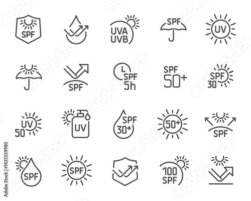 Vector Icon Set for Sun Protection with SPF, UVA, and UVB Levels
Contains icons for different UV protection levels, SPF values, and sun-related elements. Icons ready for use.