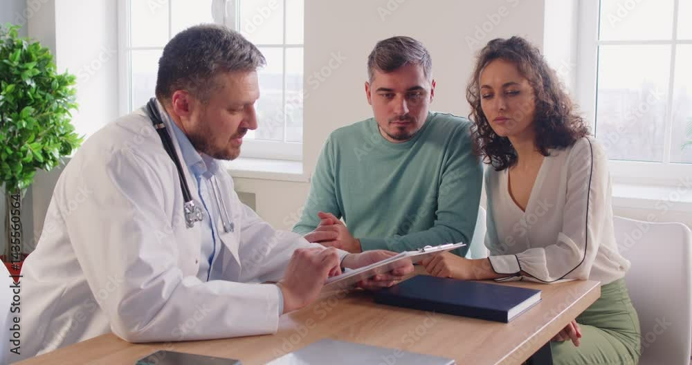 Doctor talking to family couple, explain medical records, filling patient information file, meet husband and wife, giving optimistic consultation, planning pregnancy, test results recommendation, care