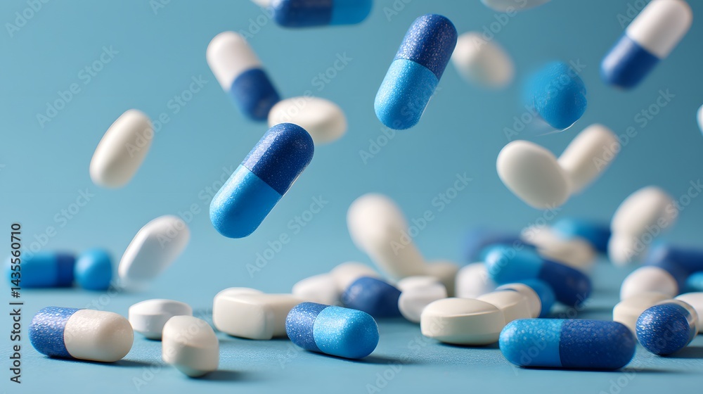 Blue and White Pills Falling on a Blue Background Pharmaceutical Medicine Healthcare Blue and White Pills Falling on a Blue Background Pharmaceutical Medicine Healthcare