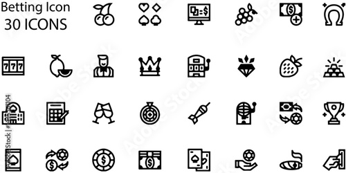 Betting Line Icons . Casino Gambling Vector Set | Slot Machine, Poker, Chips, Money, Finance Icons.