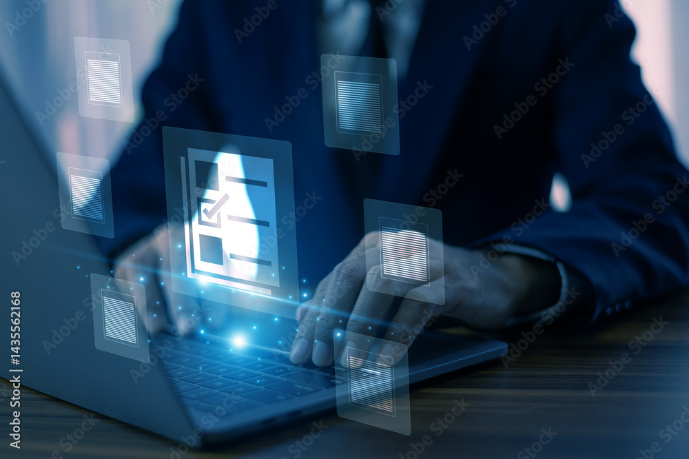 Businessman uses digital checklist technology to streamline workflow, enhance task management, and improve business efficiency through automation.