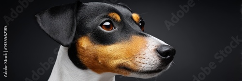 Black and white terrier with curious expression in three quarter profile against grey background in soft ambient lighting representing canine alertness and domestic realism