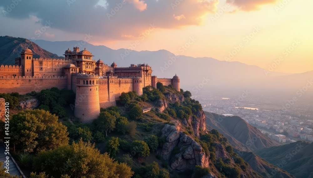 Obraz premium Jaipur skyline; majestic forts, palaces, mountains, graphic, sketch, artwork