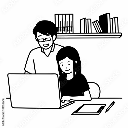 Happy father helps to study online to his teen age daughter