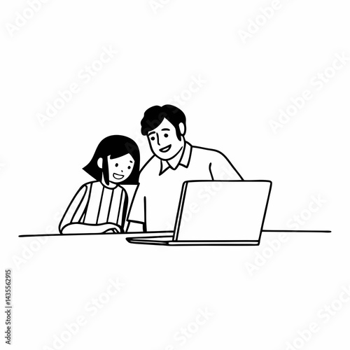 Happy father helps to study online to his teen age daughter