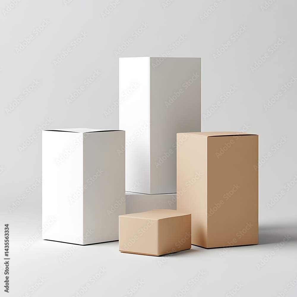 Obraz premium White and Beige Cardboard Boxes on White Background Product Mockup