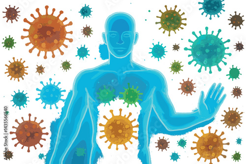 Man is standing in front of a bunch of viruses