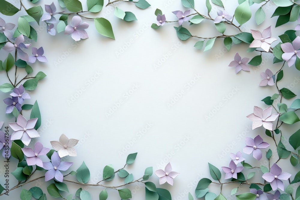 Naklejka premium Delicate paper flowers and leaves create a frame.