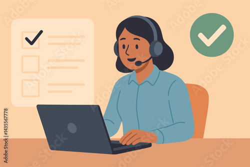 Woman is sitting at a desk with a laptop and a headset on