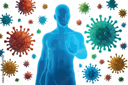 Man is standing in front of a bunch of viruses