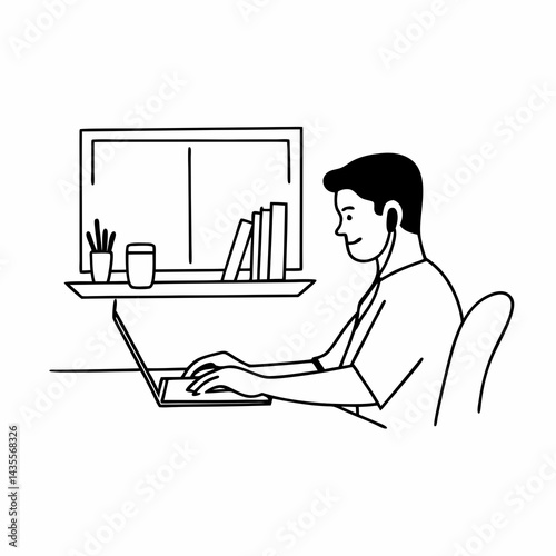 Portrait of handsome young indian man using laptop and earphone at home office