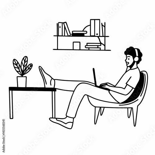 Portrait of handsome young indian man using laptop and earphone at home office