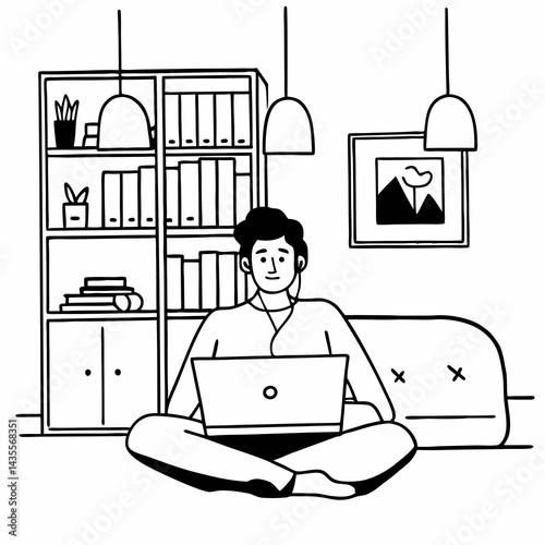 Portrait of handsome young indian man using laptop and earphone at home office