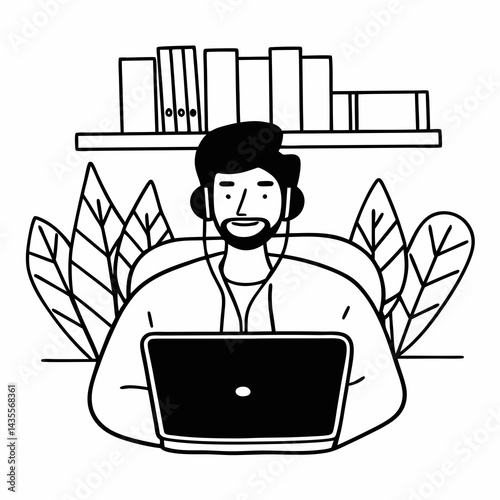 Portrait of handsome young indian man using laptop and earphone at home office