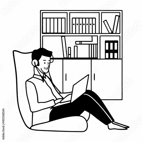 Portrait of handsome young indian man using laptop and earphone at home office